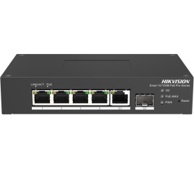 Switch PoE Hikvision DS-3T1306P-SI/HS: 4 × 10/100 Mbps PoE port,1 × Gigabit RJ45 port,1 × Gigabit fiber optical port, PoE: Ports