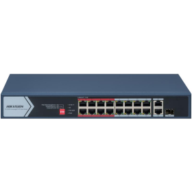 Switch PoE Hikvision DS-3E0318P-E/M(C): 16 × 10/100 Mbps PoE port,1× Gigabit RJ45 port,1 × Gigabit combo, 16 porturi PoE maxim 3