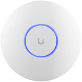 Ubiquiti U6+ access point. WiFi 6 model with throughput rate of 573.5 Mbps at 2.4 GHz and 2402 Mbps at 5 GHz. No POE injector in